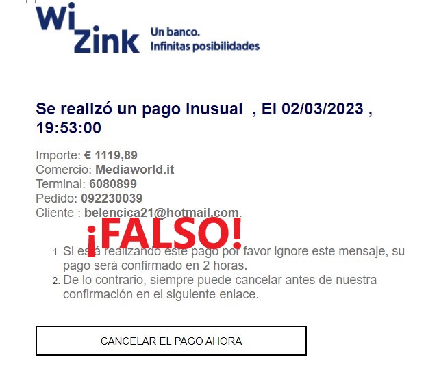 <strong>CONSUMUR alerta de un correo electrónico fraudulento, que suplanta a WiZink y nos informa de un supuesto pago de más de 1.000 euros</strong>